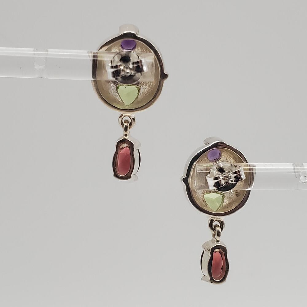 Vintage 925 Sterling Silver Multistone Post Earrings Amethyst Peridot Garnet - Picture 3 of 6